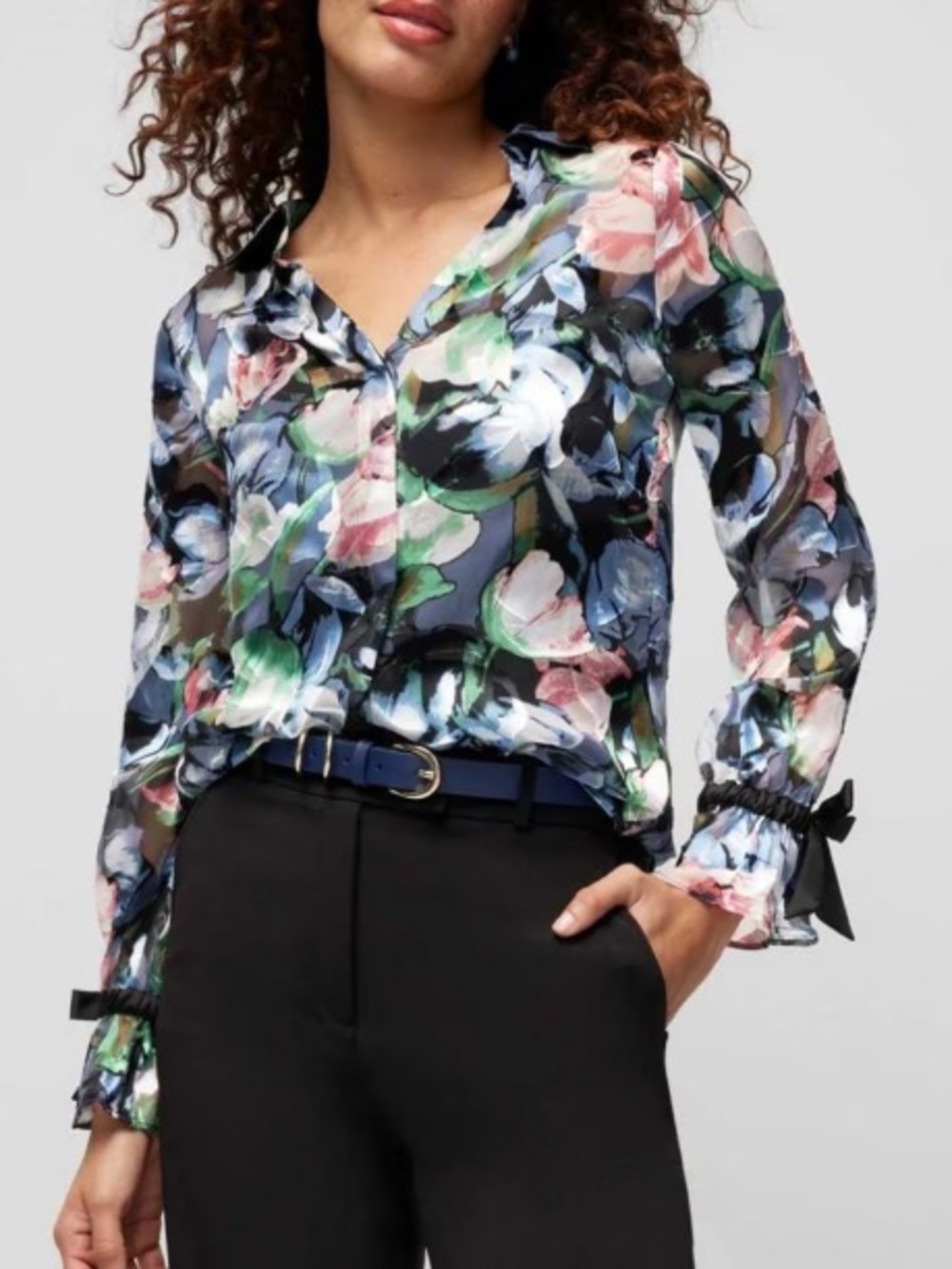 White House Black Market Silk Blend Floral Sheer Blouse Tie Cuffs Large L